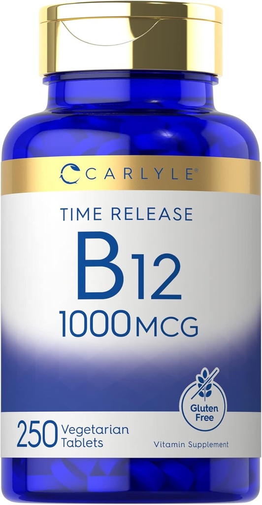 Carlyle B12 Vitamiin 1000 mcg | 250 Count | Time release tabletid | nagu tsüanokobalamiin | Taimetoitlane, mitte-GMO ja gluteenivaba toidulisand