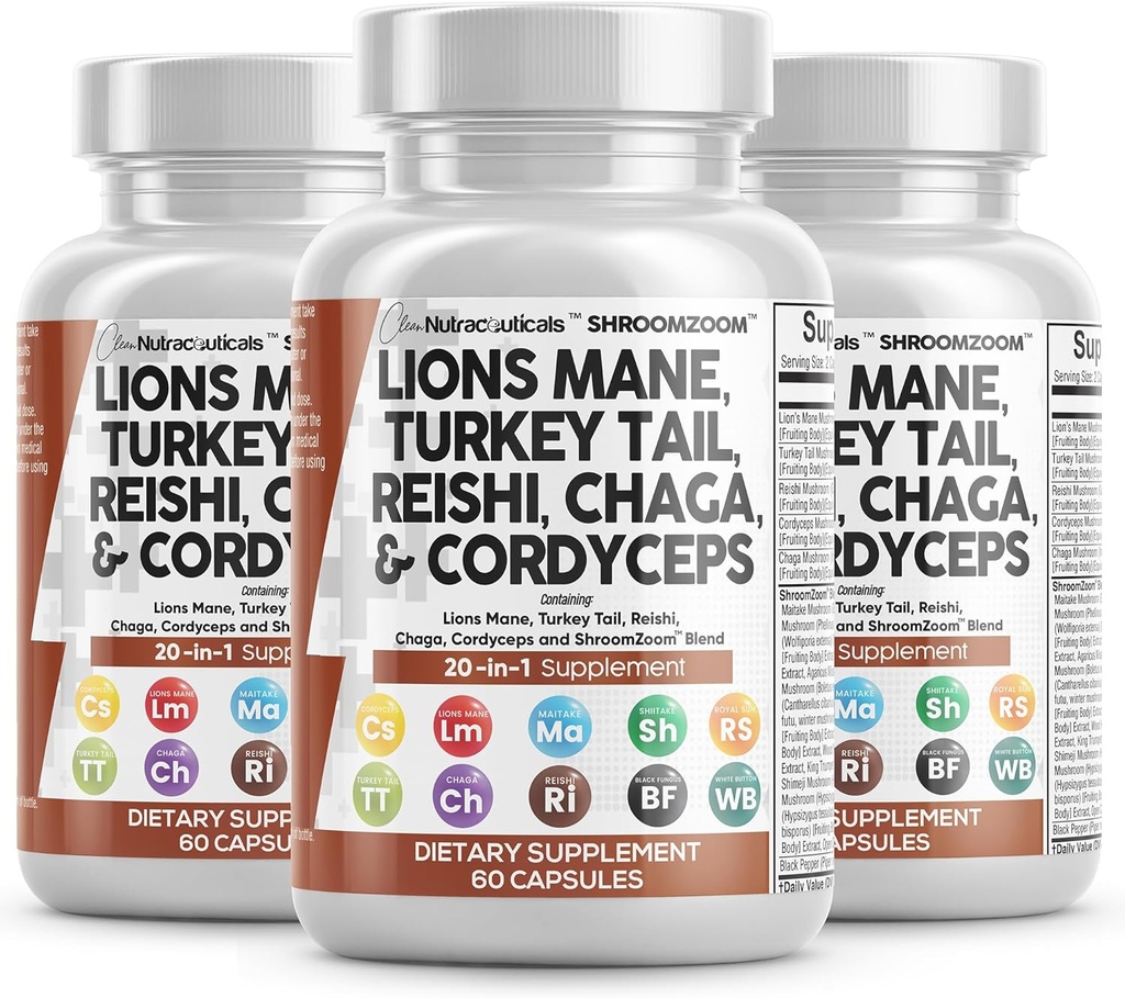Puhas Nutraceuticals Lions Mane 20in1 Seenelisa Türgiga Saba Reishi Cordyceps Chaga Maitake Meshima Poria Cocos Shiitake Oyster Porcini Enoki - 3Pack