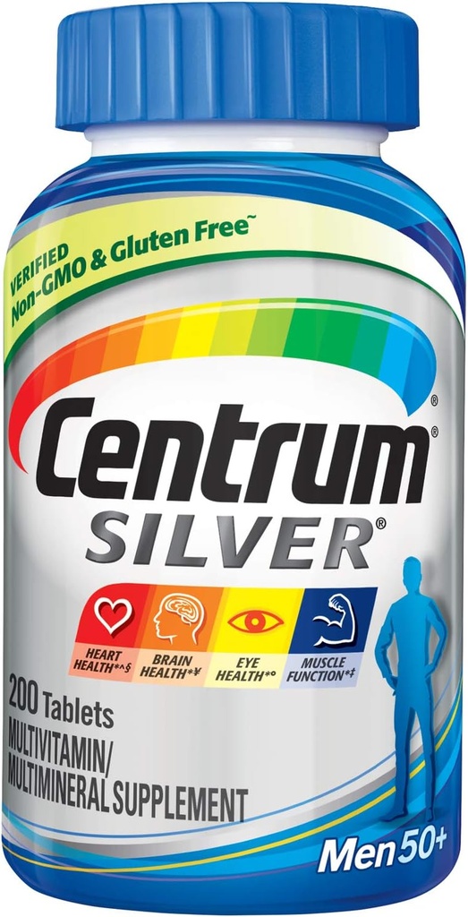 Centrum Silver Multivitamiin meestele 50 Plus, Multimineral Supplement, Vitamiin D3, B-vitamiinid ja tsink, Gluteenivaba, mitte-GMO koostisosad, toetab mälu ja tunnetust vanematel täiskasvanutel - 200 Ct