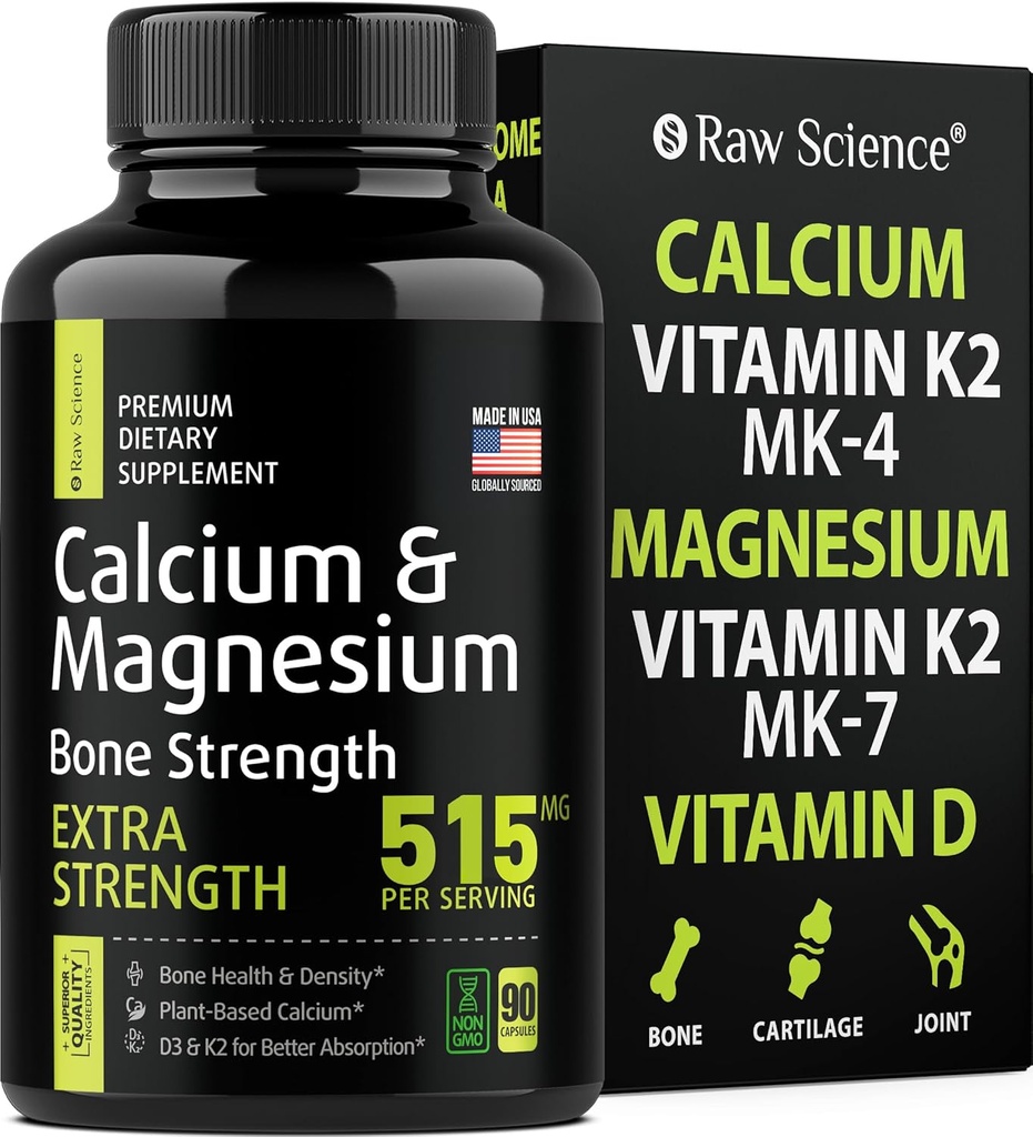 Kaltsiumtsitraat vitamiin D3 K2 ja magneesiumglütsinaat - luu tugevus täiendus - taimse kaltsiumi toidulisandid naistele ja meestele - magneesium ja kaltsium D3 K2 pillid luu tervise - 90 kapslit