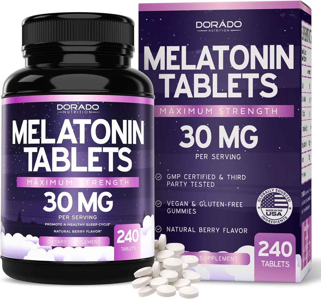 Melatoniin 30 mg tabletid täiskasvanutele (240 tabletti) - Kiiresti lahustatav tablett 30 mg melatoniiniga tableti kohta - Gluteenivaba, mitte-GMO, 100% taimetoitlane ja suurepärane maitse - segatud marjamaitse - valmistatud USAs