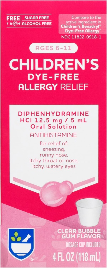 Rite Aid Children's Allergy Relief, Diphenhydramine HCI, Bubble Gum Flavor, 12.5 mg - 4 oz | Antihistamine | Children's Allergy Medicine | Allergy Medication | Allergy Pills | Kids Allergy Medicine