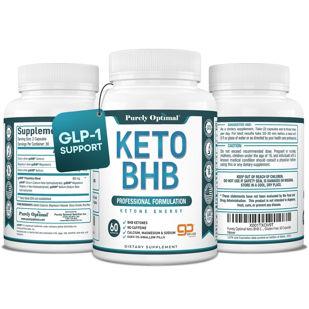Puhtalt optimaalne Keto BHB kapslid - eksogeensed Ketooni pillid Ketoosi toetuseks, Jätkusuutlik energia, fookus ja ainevahetus - naistele ja meestele, 60 kapslit