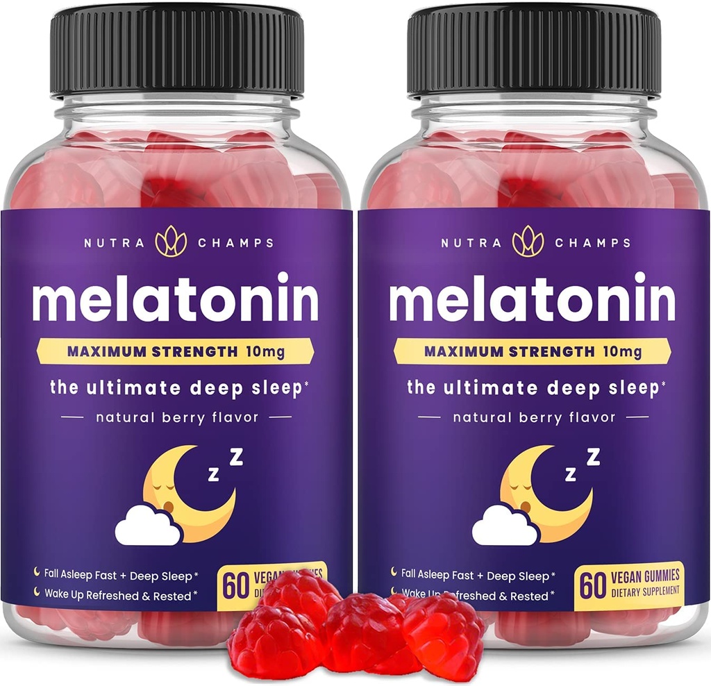 NutraChamps (pakk 2 melatoniini kummid täiskasvanutele, ekstra tugevust uneabi vitamiinid, 5mg või 10mg annus, Vegan Natural Strawberry Maitselisandi parem uni, 120 Gummies