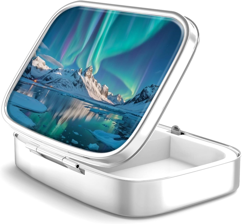 Pill Box 2 Kompartment Väikesed pillid ümbris, mis on mõeldud tasku või rahakoti pillide korraldaja Pill Konteiner hoida vitamiine, ravimeid, kalaõli ja toidulisandeid (Aurora Lights)