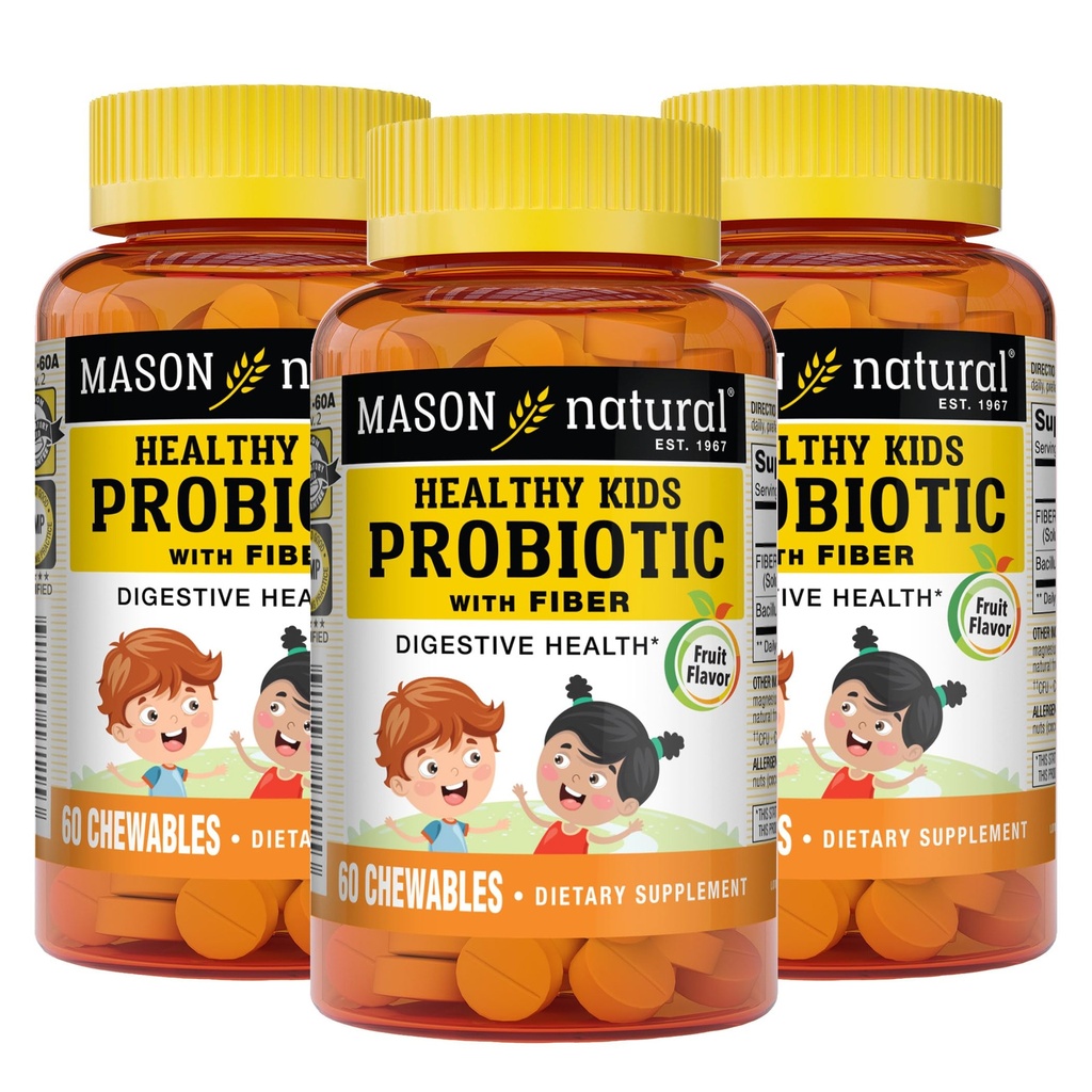 MASON NATURAL terved lapsed probiootikumid kiudainega - tervislik seedeelundite funktsioon, paranenud soolestiku tervis, 60 närimist (pakk 3)