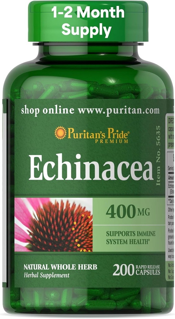 Puritan's Pride Premium Echinacea Natural Whole Herb Supplement 400mg, Dietary Supplement for Health, Immune System Support, 200 Rapid release kapslid