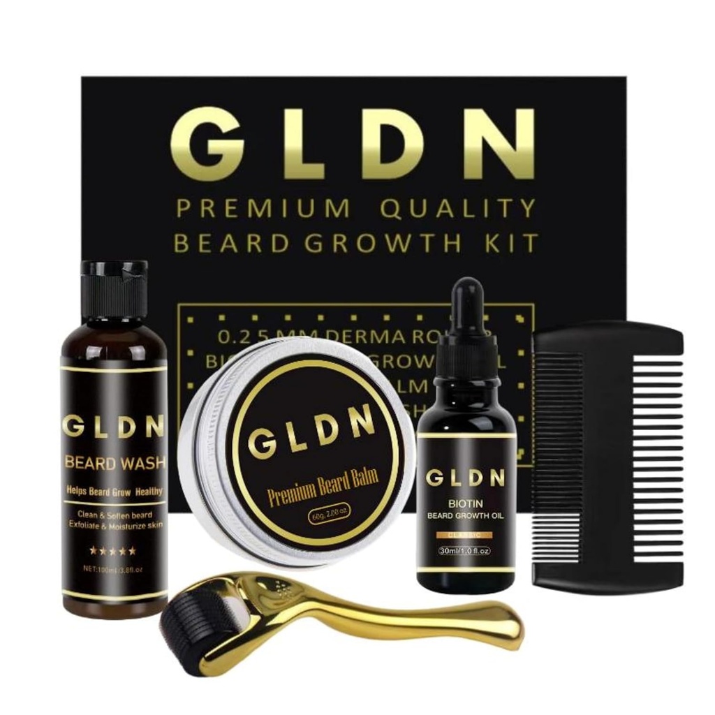 GLDN Beard Kit | Hõlmab habeõli, habemeseerumit, habemekammi ja habemekarva rullikut