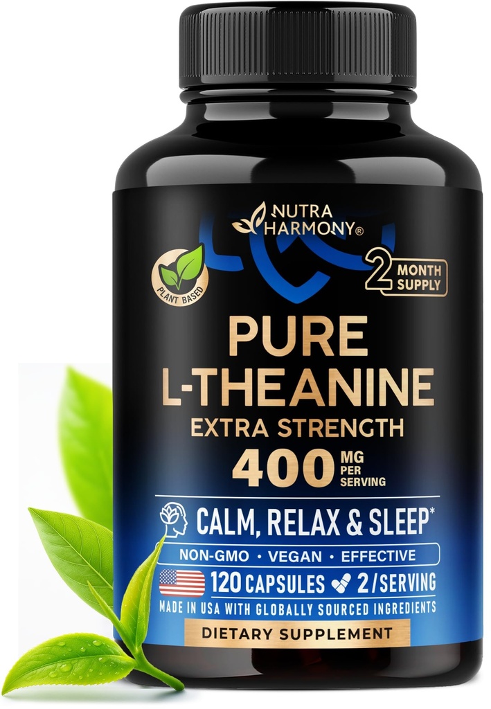 L Theanine 400 mg | L-Theanine Stress Relief | Extra Strength Supplement | Made in USA | Lõõgastumine, Sleep & Calm Support | meestele ja naistele | Taimepõhine, mitte-GMO & Gluteenivaba | 120 Vegankapslit