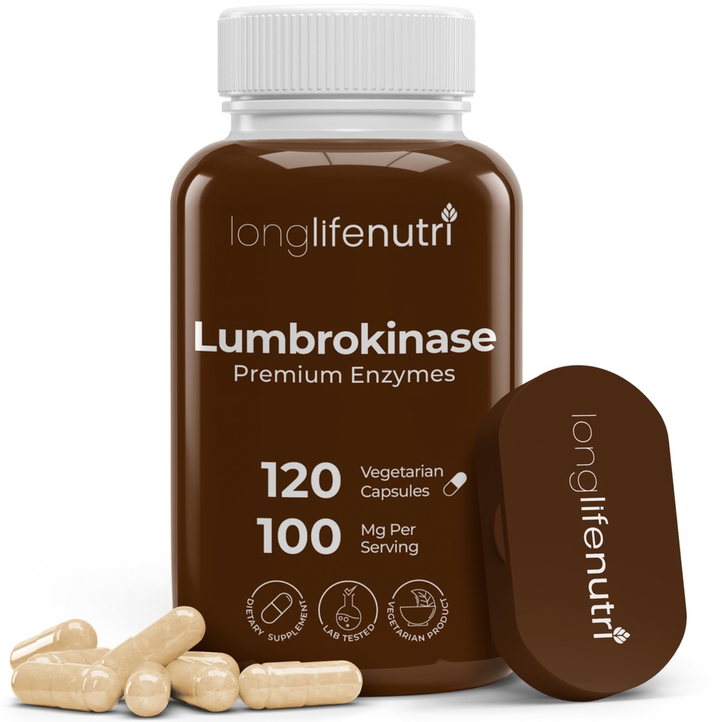 LongLifeNutri Lumbrokinase 100mg - maksimaalne aktiivsus 2 000 000 ühikut ühe portsjoni kohta, 120 taimetoitlast kapslit, 2-kuuline pakkumine, looduslik ensüümilisa vereringe tervise jaoks, Lab testitud, valmistatud USA-s