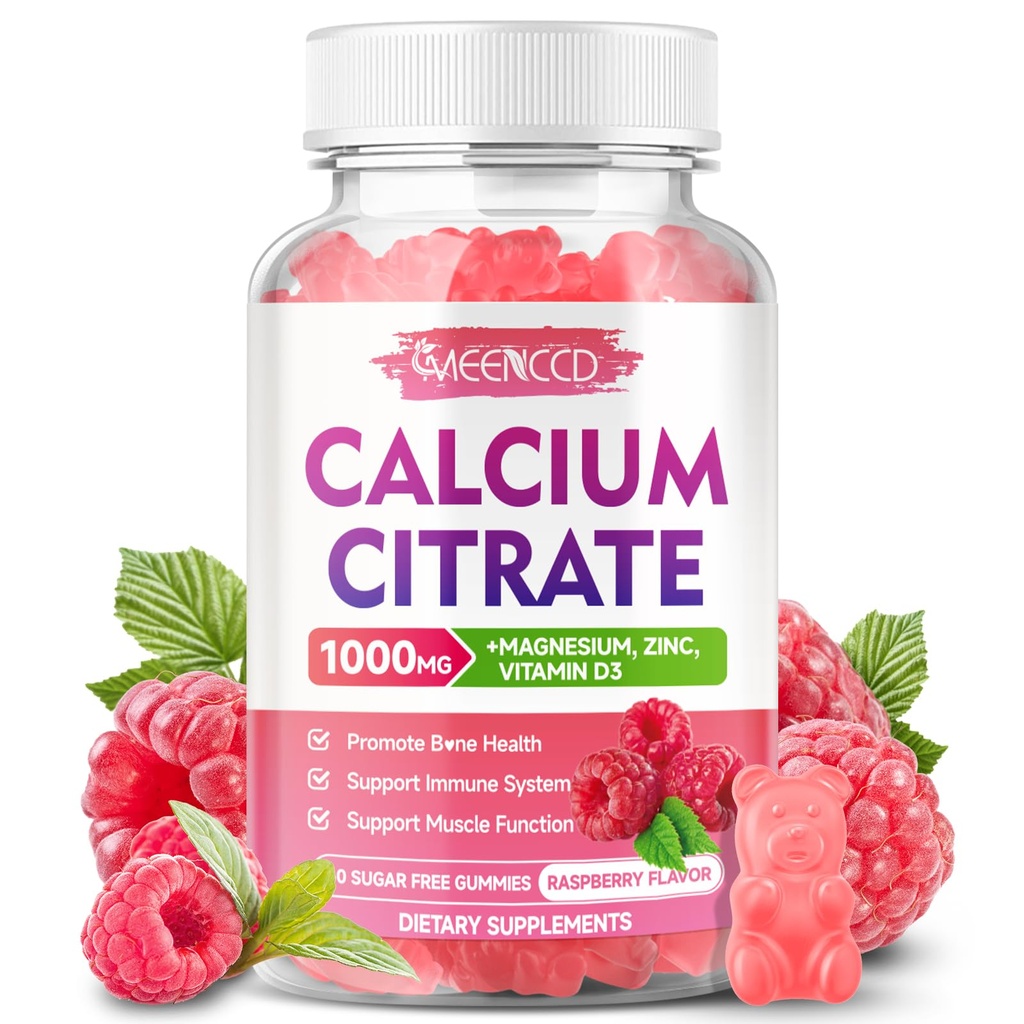 Kaltsiumtsitraat Gummies 1000mg w / Vitamiin D3, kõrge imendumisega Kaltsiumilisand naistele ja meestele, pluss magneesium, kaalium, tsink lihastele ja immuunsusele, suhkruvaba, vaarikamaitse, 60 krahv
