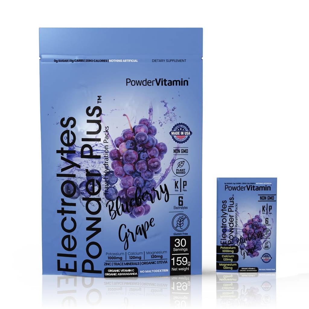 PowderVitamin Electrolytes Powder Plus, Keto, mustikas viinamarjad, null suhkur, 1000mg kaalium, 120mg Kaltsium, 120mg Magneesium, Non-GMO, nullkalorid, 30 Hüdratsioonipaketti