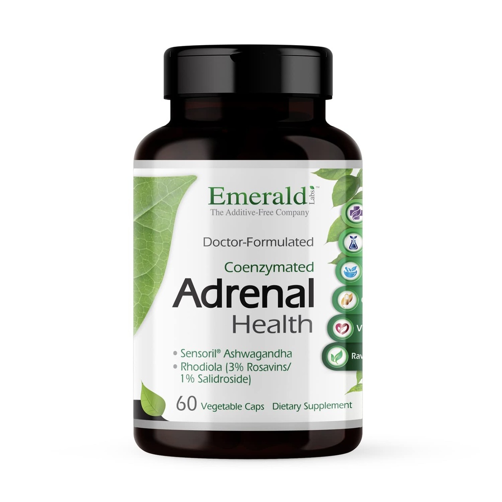 EMERALD LABS Adrenal Health - stressi leevendamine, energiatoetus ja taastav uni Sensoril Ashwagandha, B-vitamiinide, rodiola ja muu * - Gluteenivaba - 60 köögiviljakapslit (30-päevane pakkumine)