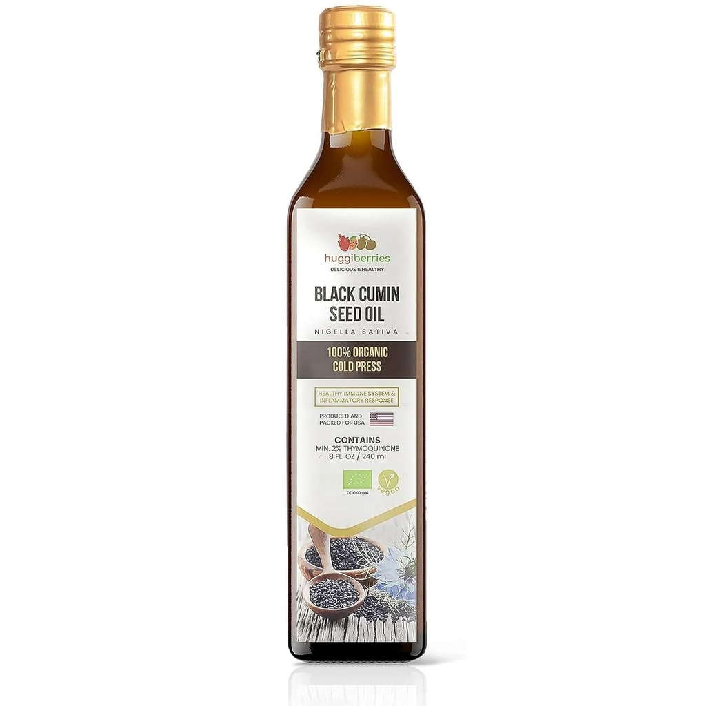 Huggiberries Organic Black Seed Oil Vedelik - Klaaspudel - Gluteenivaba õli salatid, kastmed, kleidid, köögiviljad - Külm pressitud Türgi Cumin, rikas tümokinoon Immunity Supplement - 8 fl.oz./250ml