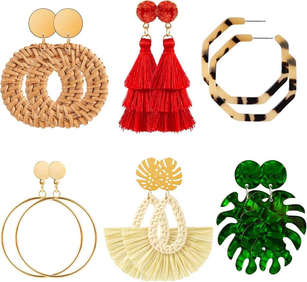 Ponpon 6-18 paari kõrvarõngad naistele, kerged suvekõrvarõngad Straw Earrings Mood Geomeetriline avaldus Hoop Dangle Drop Earrings naistele