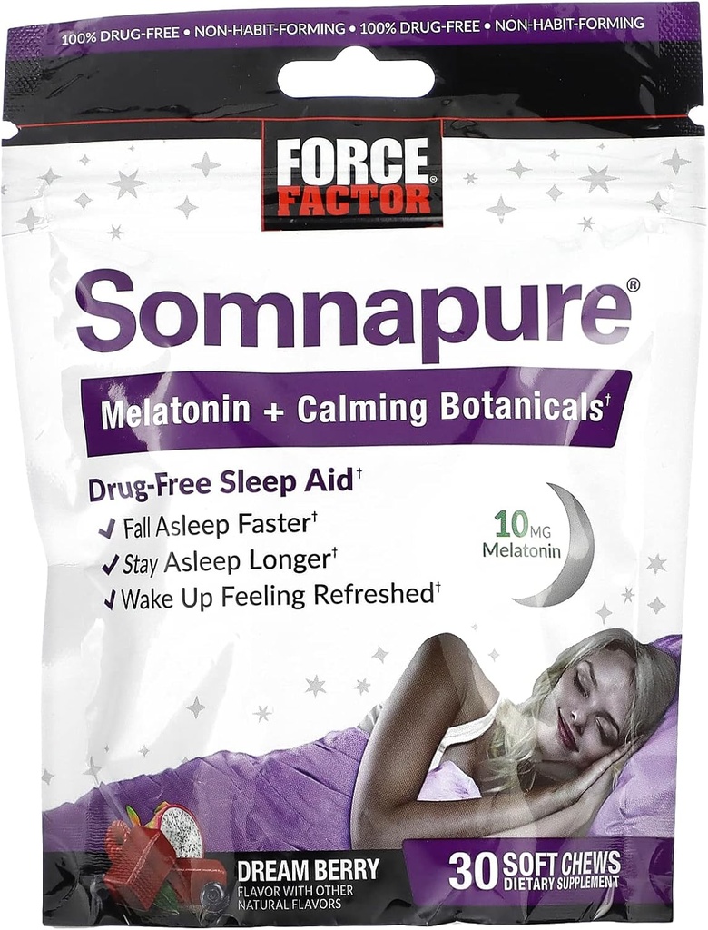 FORCE FACTOR Somnapure Soft Chews 10mg Melatonin, L-Theanine, Chamomile, Sidrun Balm, Dream Berry Flavor, 30 Soft Chews