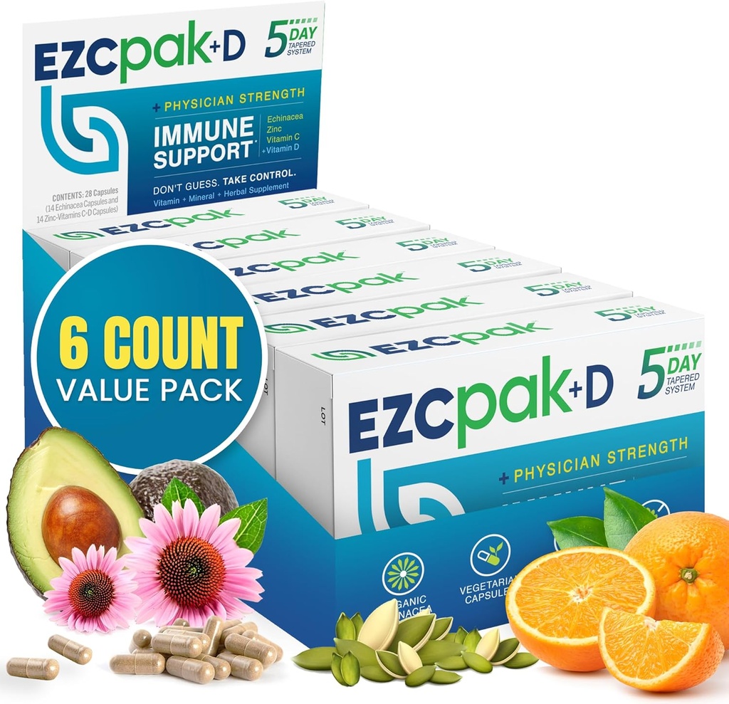 EZC Pak 5-päevane Immuunsüsteemi tugevdaja koos Echinacea, C-vitamiini, tsingi ja D-vitamiiniga - täiskasvanutele mõeldud nõrgestatud immuunsuse tugisammas - toetab immuunsust, lihtsat reisisuuruse lisapaketti - (pakk 6)