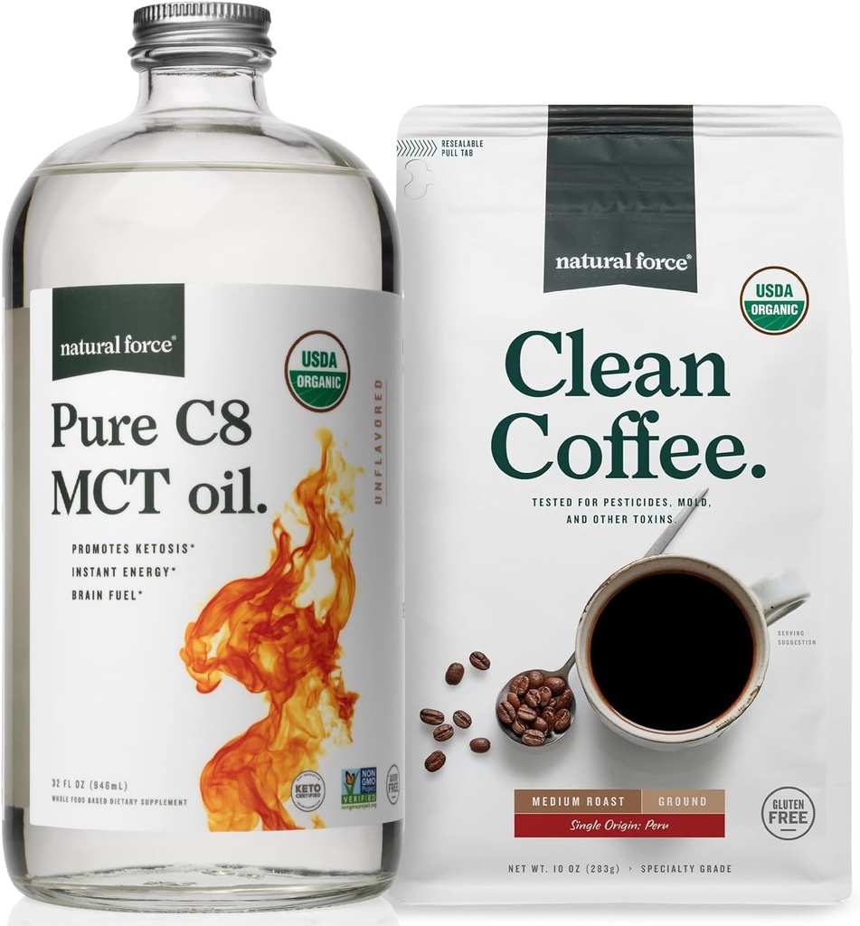 Natural Force Organic Ground Clean Coffee + Organic Pure C8 MCT Oil Bundle – 100% C8 MCT & Mold & Mycotoxin Free Coffee – Non-GMO, Keto, Paleo and Vegan – 10 Oz Bag and 32 Oz Glasss Bottle