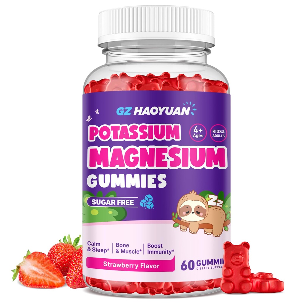 Magneesiumkummid lastele - magneesiumglütsinaatkummid vitamiiniga D3, B6, kaalium ja ashwagandha, magneesium lastele ja täiskasvanutele Lõõgastus, uni, aju ja luu tervis - Vegani maasikas 60ct