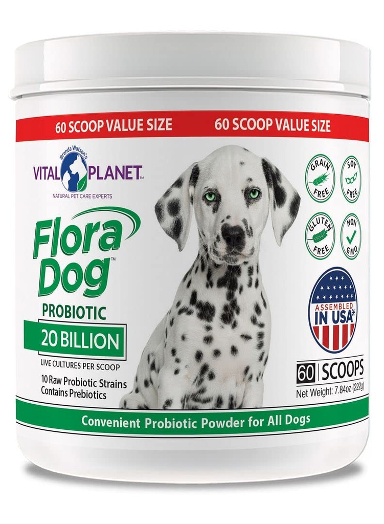 Vital Planet - Flora koera probiootilise pulbri lisand 20 miljardi kultuuri ja 10 tüvega, suure tugevusega immuunsus ja seedetrakti tugi probiootikumid koertele, 7,84 oz., 222 Grams, 60 Servings