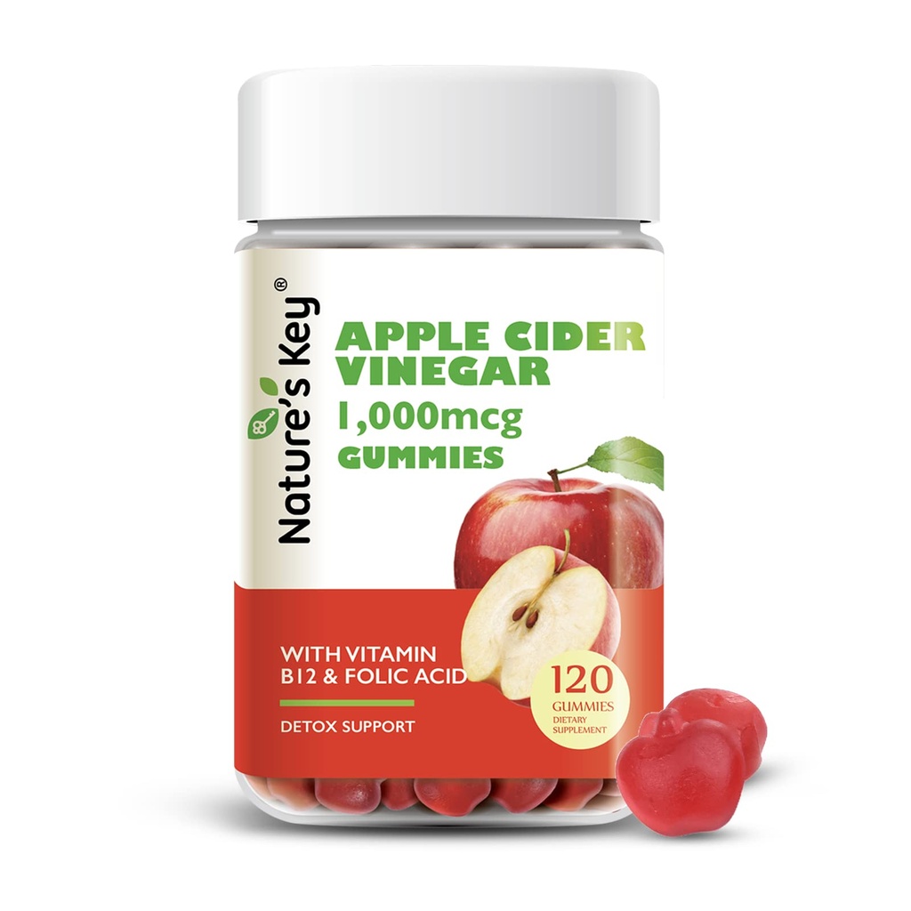 Looduse võti Õunasiider Äädikas Gummies 120 Count ACV Gummy foolhape B6 B12 suhkrupeedi ja granaatõuna - Vegan, mitte-GMO ja gluteenivaba