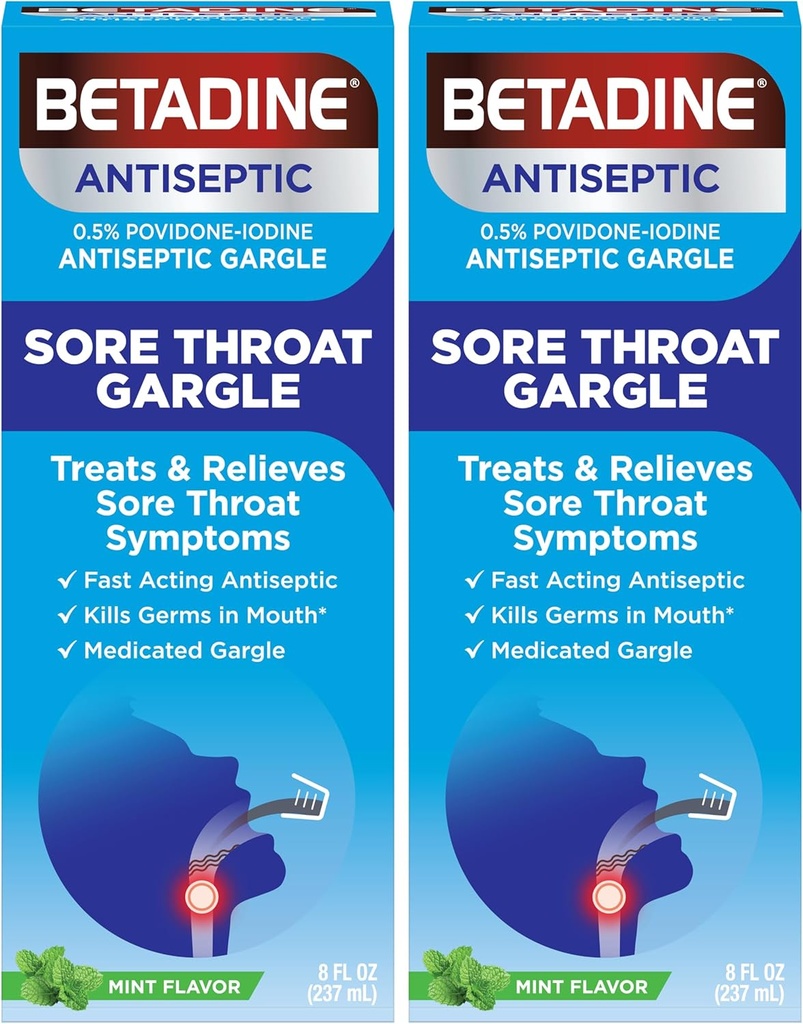 Betadine valulik kurgu relief Gargle, piparmündi maitse, kiire toimega antiseptiline, povidoonjood 0,5%, 8 oz (2. pakk)