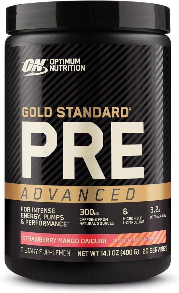 Optimum Nutrition Gold Standard Pre Workout Advanced, kreatiini, beeta-alaniini, mikroniseeritud L-tsitrulliini ja kofeiiniga energia jaoks, Keto sõbralik, maasika Mango Daiquiri, 20 serveerimist