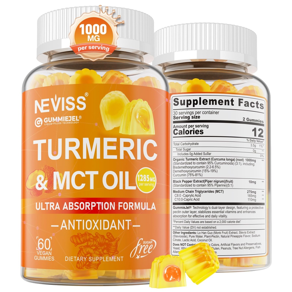 Kurkum Kummid 1000mg w / MCT õli C8 C10, orgaaniline antioksüdant, kurkumiini lisand koos musta pipra ekstraktiga, tugimugavus, Boost Energy, Ultra imendumine, suhkruvaba, 60 Ct