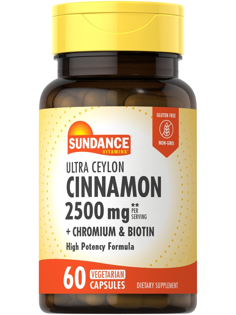 Sundance Ceylon Cinnamon kapslid 2500mg | 60 pillid | koos kroomi ja biotiiniga | taimetoitlane, mitte-GMO ja gluteenivaba toidulisand
