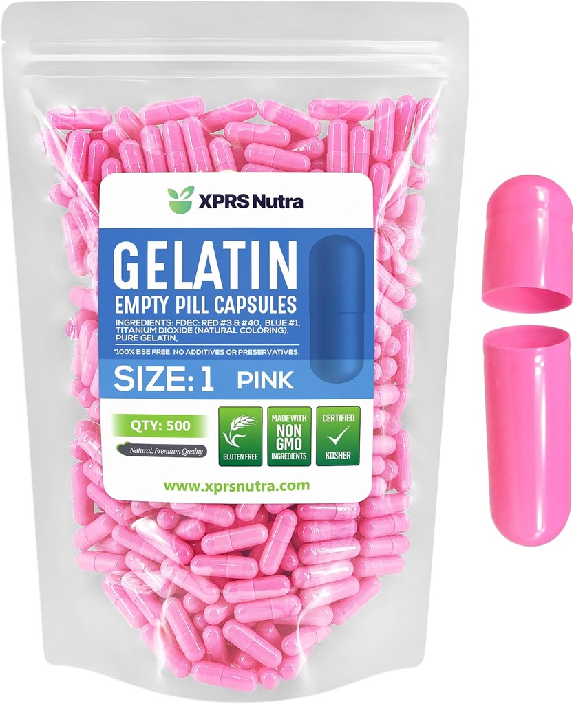 XPRS Nutra suurus 1 Tühjad kapslid - 500 Krahv Tühjad želatiinkapslid - Pill DIY kapsli täitmine - Puhas Veise geel Kapslid Do-It-Yourself täiendused (Pink)