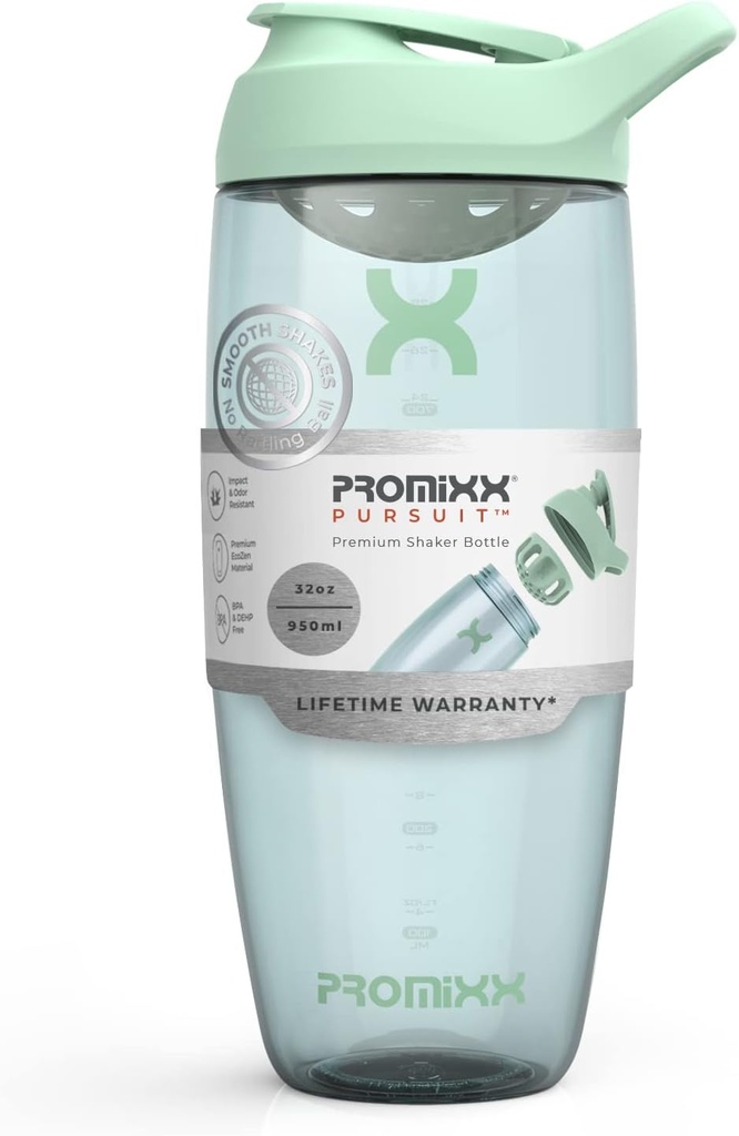 Promixx Pursuit Protein Shaker Bottle (32 oz) – Silent No-Ball Mixer, Leak-Proof Lid, BPA/BPS & Phtalaat-Free ECOZEN – Easy- Clean Shaker Cup for Protein Shakes, Pre & Post-Workout Smoothies