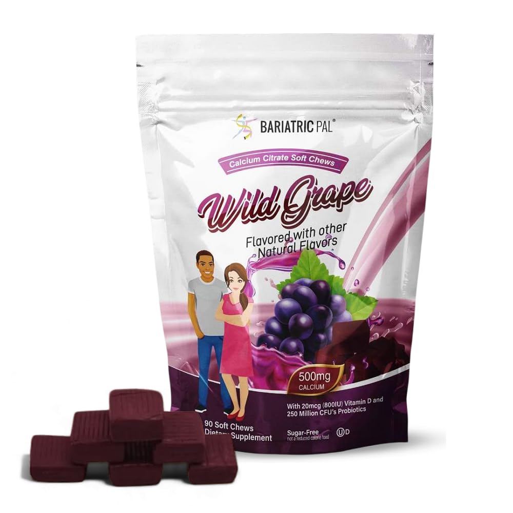 BariatricPal Sugar-Free Calcium Citrate Pehme närimiskummid | 500mg D-vitamiini ja probiootikumidega | Wild Grape | 90 Count (1 kuu pakkumine)
