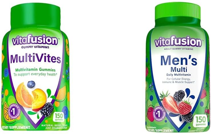 Vitafusion MultiVites Kummi multivitamiinid täiskasvanutele 12 vitamiinide ja mineraalide ja täiskasvanute kummi vitamiinid meestele, Marja maitsestatud igapäevased multivitamiinid A-vitamiinidega meestele