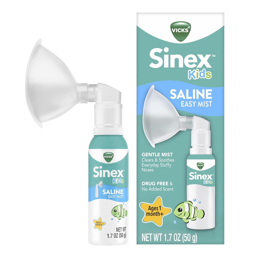 Vicks Sinex Kids Saline Easy Mist, Ravimivaba soolalahus, vanused 1 kuu +, õrnalt puhastab ja rahustab igapäevaseid peeneid ninasid, ohutu igapäevaseks kasutamiseks, 1,7 OZ