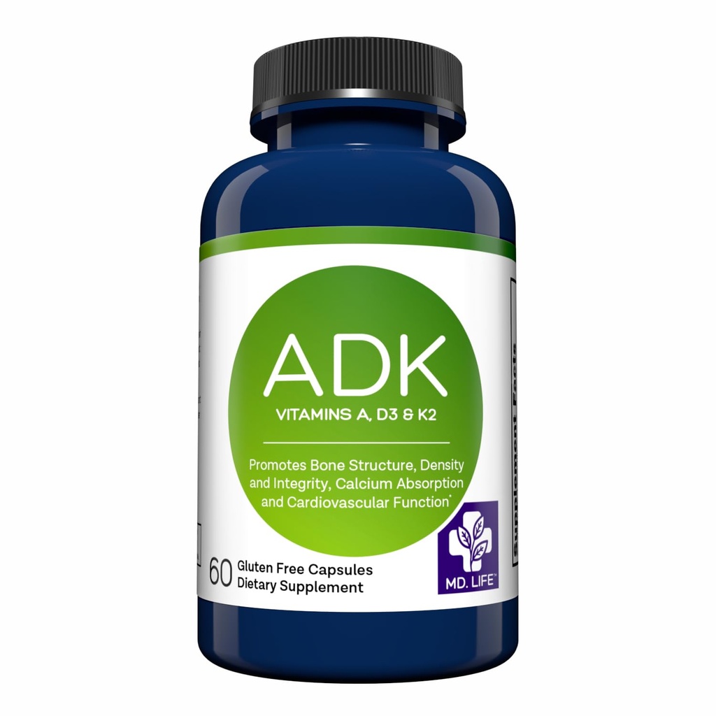 MD.LIFE ADK vitamiinilisand - D3-vitamiin K2 ja A kompleks - 60 kapslit - kõrge tugevusega vitamiin ADK luude ja südame tervise toetamiseks