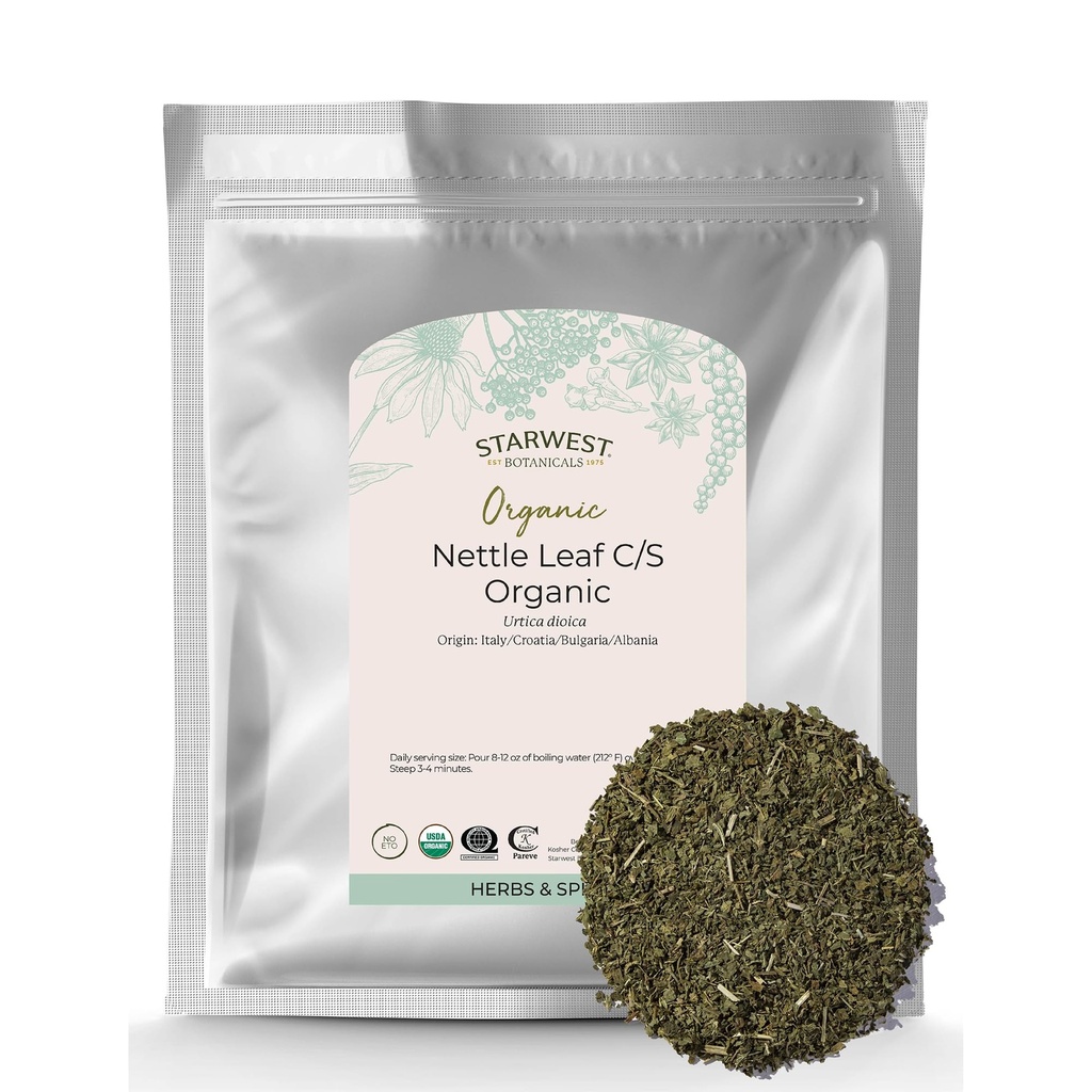 Starwest Botanicals Orgaaniline Nettle Leaf - Kuivatatud Stinging Nettle, Natural Loose Leaf Taimne Tee, Kofeiinivaba, Lõigatud & Sifted, Sertifitseeritud Kosher, Non-GMO - Bulk 1 lb Bag
