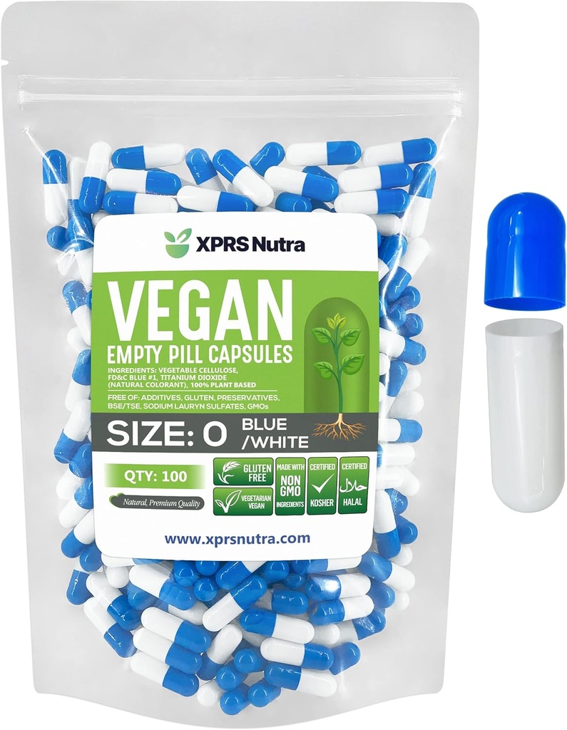 XPRS Nutra suurus 0 Tühjad kapslid - 100 tühjad vegankapslid - taimetoitlased pillid - DIY köögiviljakapslid - taimetoidu kapslite täitmine - taimne pillid iseendale (sinine / valge)