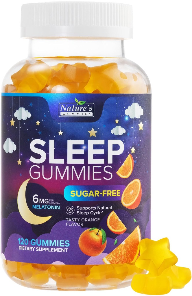 Sleep Gummies 6mg per Serving - Suhkruvaba Melatoniini Kummilisandi täiskasvanutele - Natural Zero Sugar Sleeping Gummy täiskasvanutele ja lastele, oranž maitsestatud, ekstra Tugevus Sleep Support - 120 Gummies