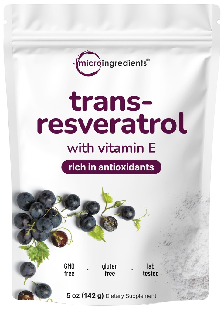 Puhas Trans-Resveratrooli pulber E-vitamiiniga, 5 Ounce, 2 in 1 valem, mikroniseeritud pulber paremaks imendumiseks, Premium Resveratrooli lisand, Super Antioksüdant