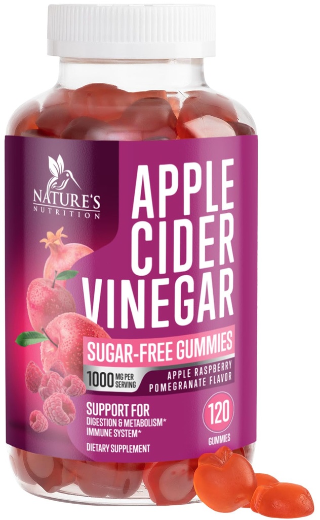 Õunasiidri äädikakummid 1000mg - suhkruvaba ACV-kummi puhastuseks, vitamiin B12 seedimiseks energia ja immuunsuse tervise toetamiseks, toetab ainevahetust, veganit, Ketot, Apple Vaarikamaitse - 120 Gummies