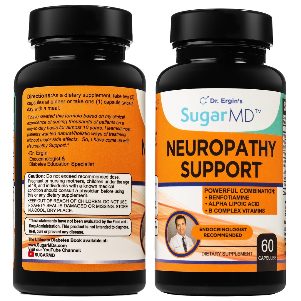 SugarMD Neuropathy Support Supplement - 60 Närvilisa kapslid alfa-lipohappe, benfotiamiini ja vitamiin D3 B6 B12 - Närvi tugi täiendada jalad, käed, sõrmed ja jalad - 30 päeva pakkumine