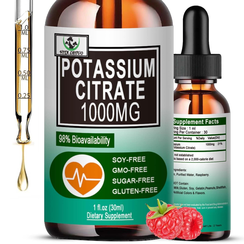 Kaaliumtsitraat Vedelad tilgad, Kaaliumilisandi 1000mg Vedelik Toetus Lihaskrampide leevendamine, südame tervis ja uni, Väga imenduv täiskasvanutele Naised ja mehed, Vegan, 30 Servings