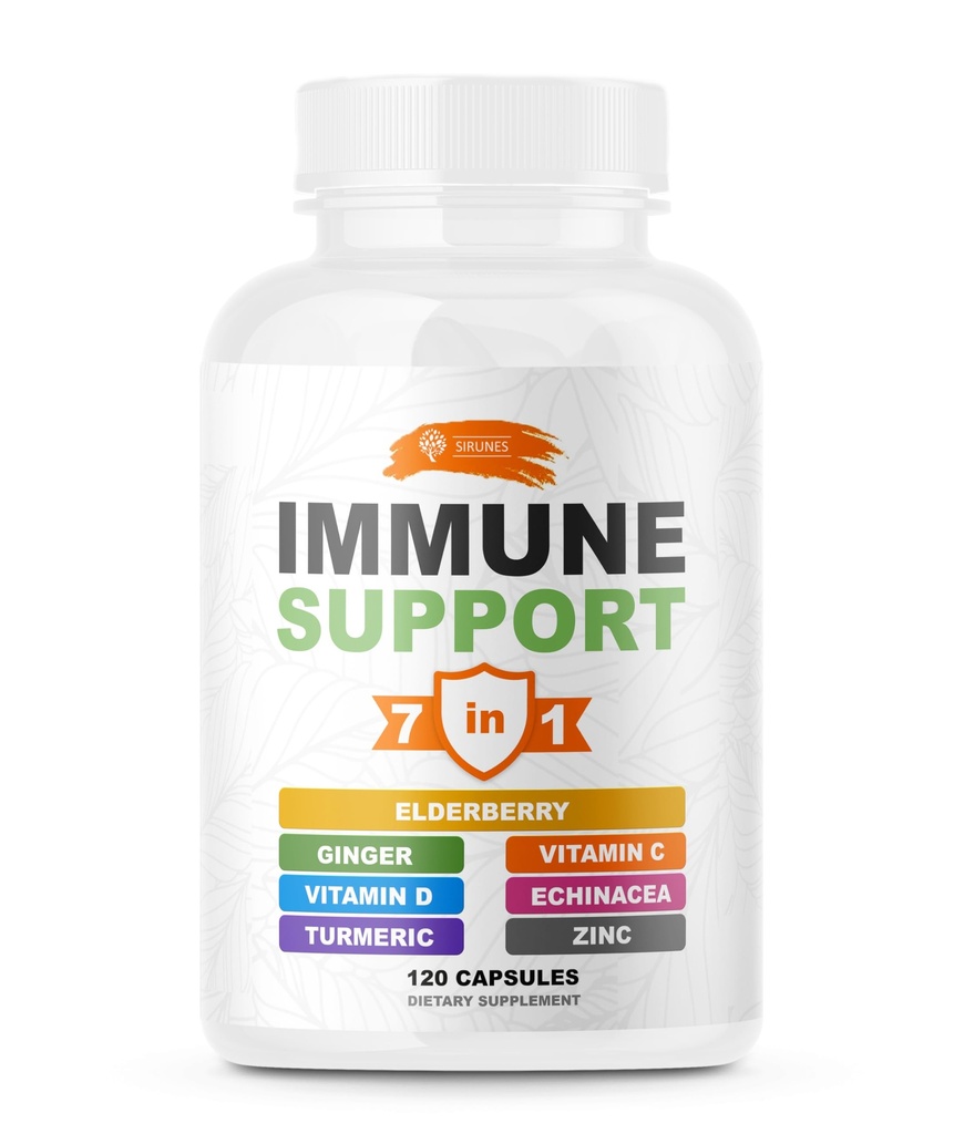 SIRUNES Immune Booster - Immunity Support Multivitamiinid - Vitamiin C ja D3, Elderberry, Tsink, Echinacea, Ingver, Kurkum - Antioksüdant, energia ja elujõud, Aju Boost (immuunsuse tugikapslid)