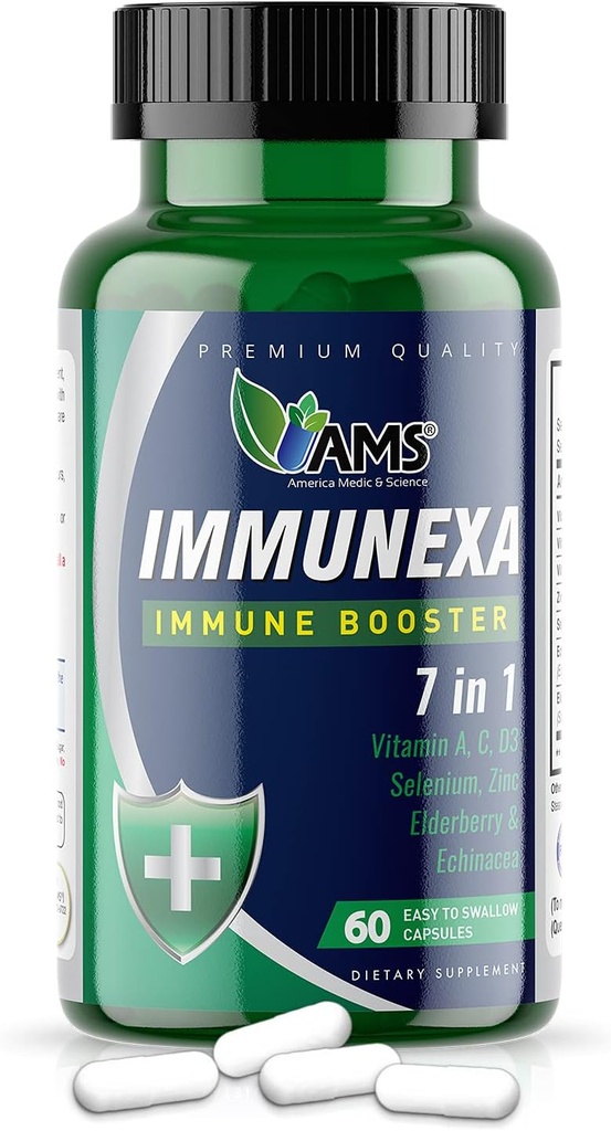 Ameerika Medic & Science Immunexa 7 in 1 Immune Support Booster (60 kapslit) koos vitamiiniga A, C, D, tsink, Echinacea, Elderberry | Täiskasvanute immuunsuse suurendamise täiendus | looduslik, mitte-GMO ja gluteenivaba