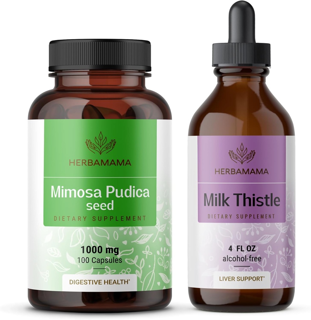 HERBAMAMA Mimosa Pudica ja Piimaohakakomplekt - 1000 mg Mimosa Pudica kapslite ja piimaohaka tinktuur 4 fl oz - Vegan, GMO-vaba, suhkur ja alkoholivaba - 2 pakendit