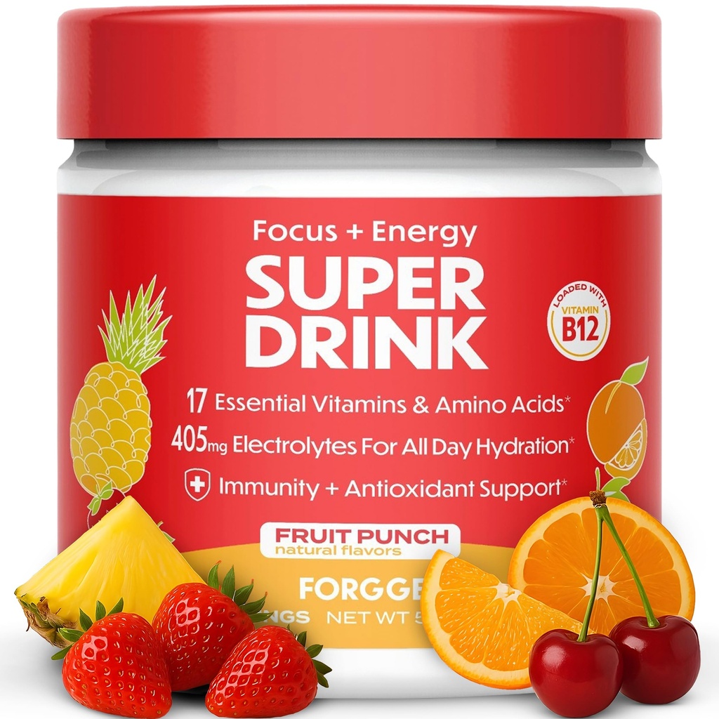 Forgge Tervisliku energiajoogi pulbrisegu - puhas kofeiin + B12, B6, C & D vitamiinid - suhkruvaba energiajoogi pulber elektrolüütide, aminohapete, antioksüdantide, Lions Mane - Vegan, Keto-sõbralik - 30 SVG, Fruit Punch