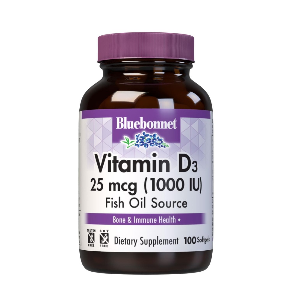 Bluebonnet Nutrition Vitamiin D3 1000 IU Softgels, Aids in lihaste ja skeleti kasvu, kolekaltsiferool Fish Oil, Non GMO, Gluteenivaba, Sojavaba, Piimavaba, 100 Softgels