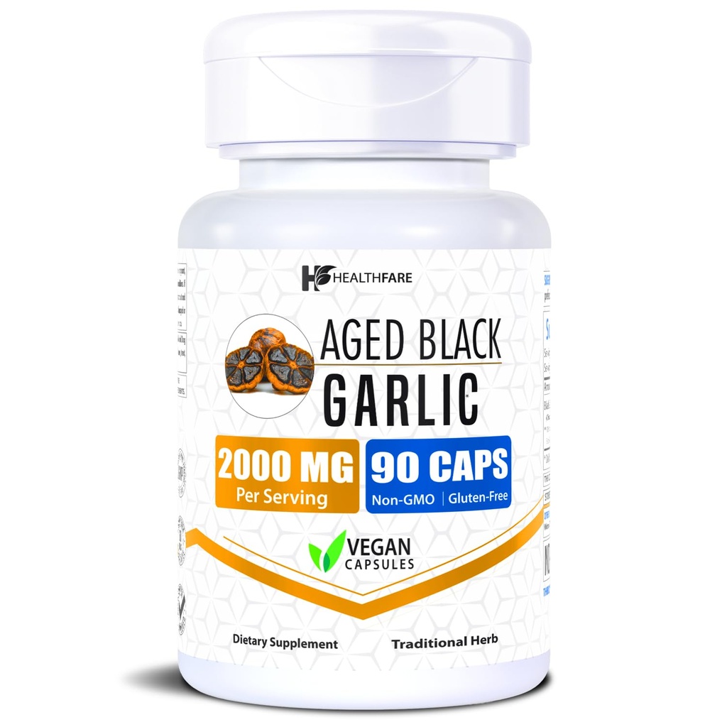 Healthfare Aged Black Garlic Supplement Pills | 2000mg ekvivalent | 90 Vegan Kapslid | Fermenteeritud lõhnatu küüslaugu ekstrakt | Kõrge potentsi Antioksüdandid | Mitte-GMO, Gluteenivaba | Valmistatud USAs