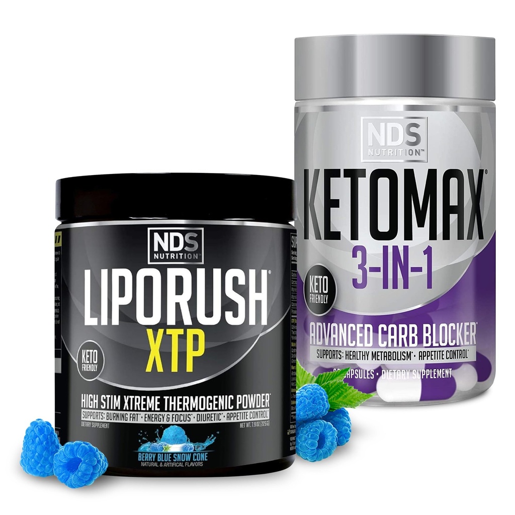NDS Nutrition XTP Thermogenic Blue Berry Snow Cone (45 Servings) ja Keto-Max Advanced 3-in-1 Pills Carb Blocker Isupressant (90 kapslit)