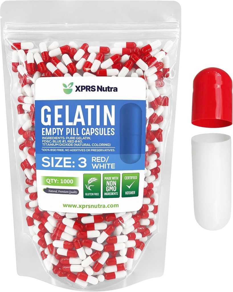 XPRS Nutra suurus 3 Tühjad kapslid - 1000 loend Tühjad želatiinkapslid - Pillid DIY kapsli täitmine - Puhas Veise geel Kapslid Täidetavad Do-It-Yourself vitamiine ja toidulisandeid (punane / valge)